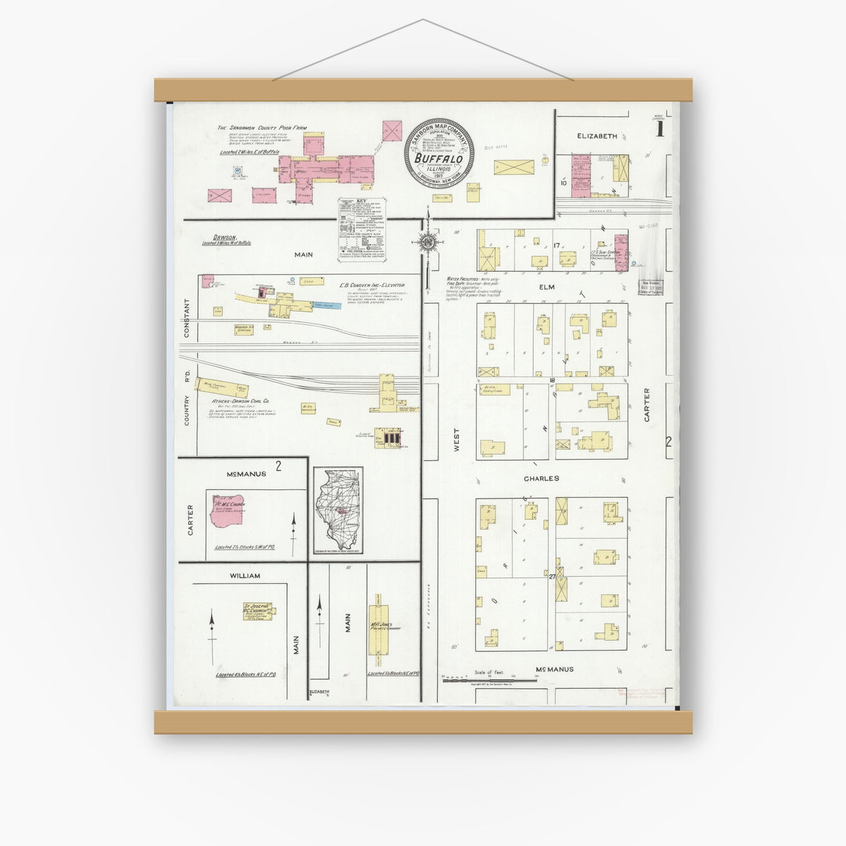 Old map wall art mockup — magnetic wood frame on white wall — Sanborn Fire Insurance Map from Buffalo, Sangamon County, Illinois (1917) - Complete Map Set