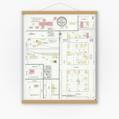 Old map wall art mockup — magnetic wood frame on white wall — Sanborn Fire Insurance Map from Buffalo, Sangamon County, Illinois (1917) - Complete Map Set