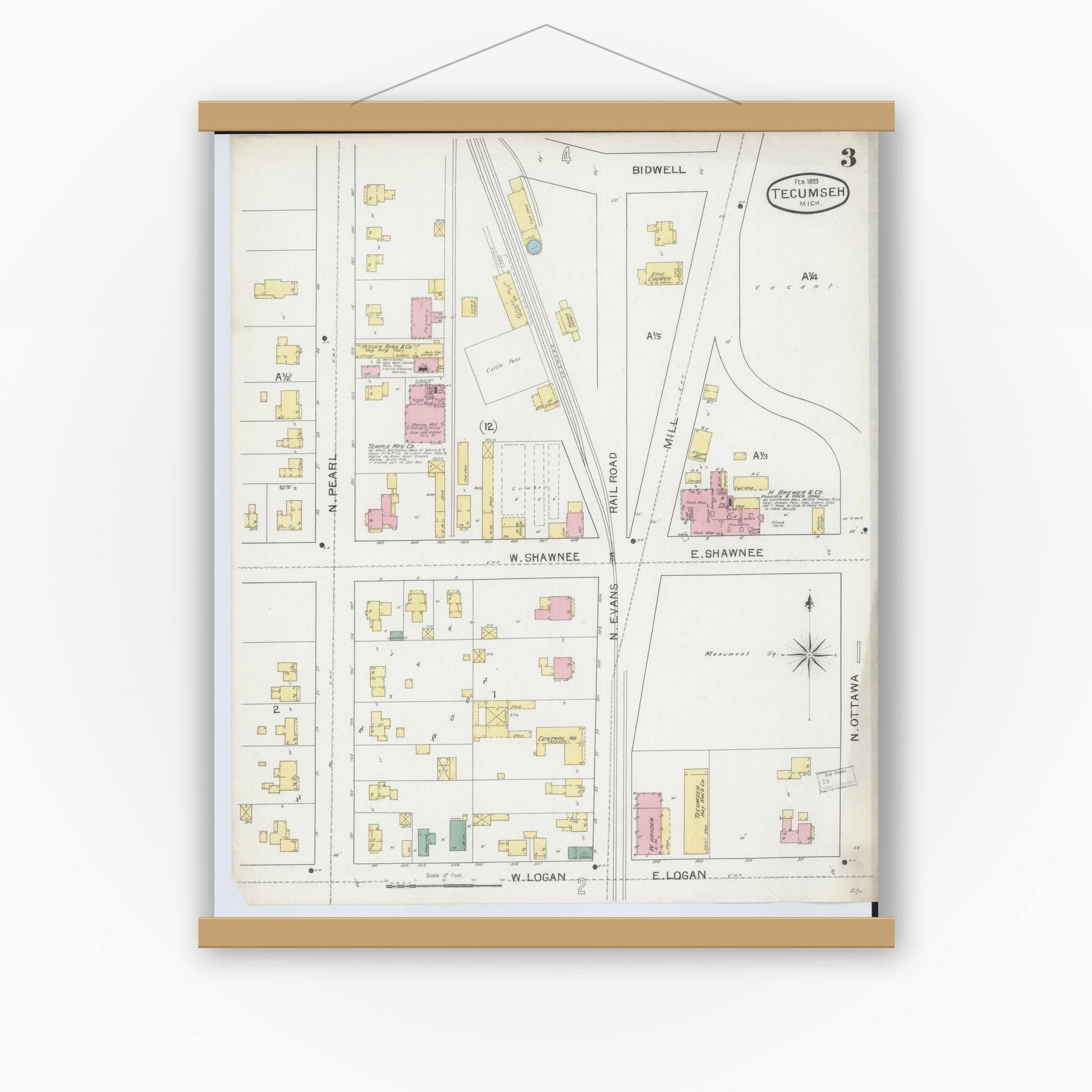 Old map wall art mockup — magnetic wood frame on white wall — Sanborn Fire Insurance Map from Tecumseh, Lenawee County, Michigan (1893), Sheet #0003