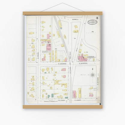 Old map wall art mockup — magnetic wood frame on white wall — Sanborn Fire Insurance Map from Tecumseh, Lenawee County, Michigan (1893), Sheet #0003