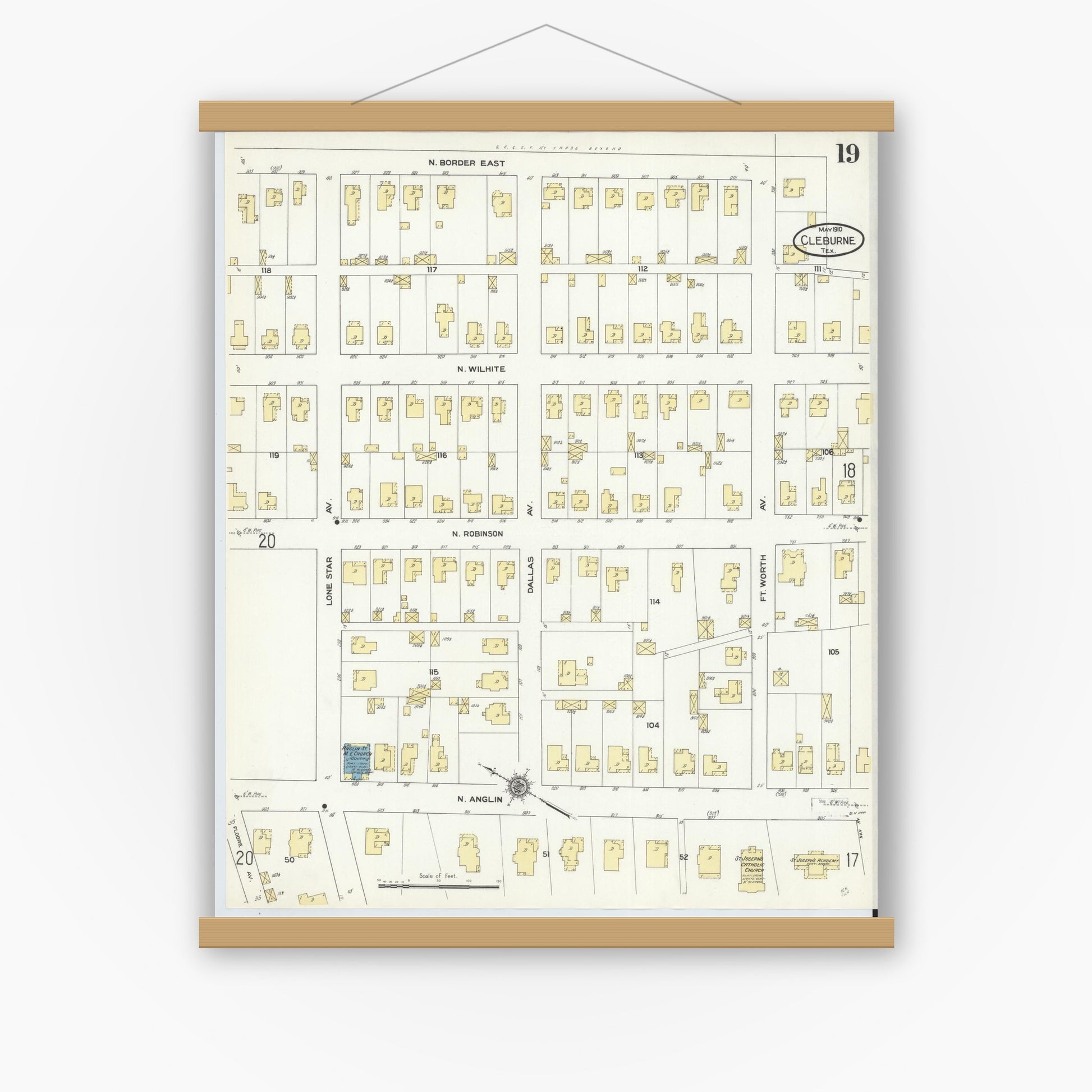 Old map wall art mockup — magnetic wood frame on white wall — Sanborn Fire Insurance Map from Cleburne, Johnson County, Texas (1910), Sheet #0019