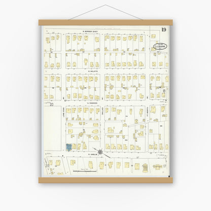 Old map wall art mockup — magnetic wood frame on white wall — Sanborn Fire Insurance Map from Cleburne, Johnson County, Texas (1910), Sheet #0019