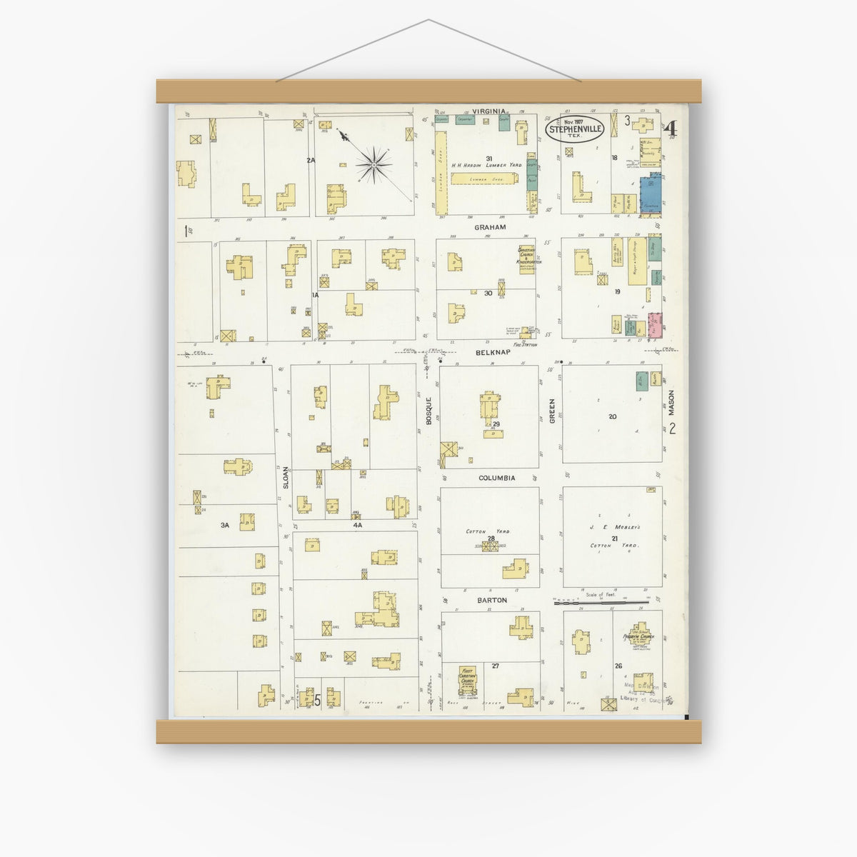 Old map wall art mockup — magnetic wood frame on white wall — Sanborn Fire Insurance Map from Stephenville, Erath County, Texas (1907), Sheet #0004