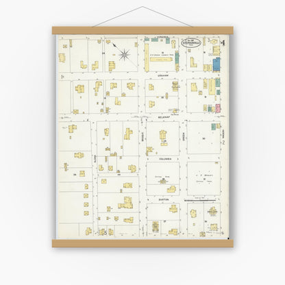 Old map wall art mockup — magnetic wood frame on white wall — Sanborn Fire Insurance Map from Stephenville, Erath County, Texas (1907), Sheet #0004