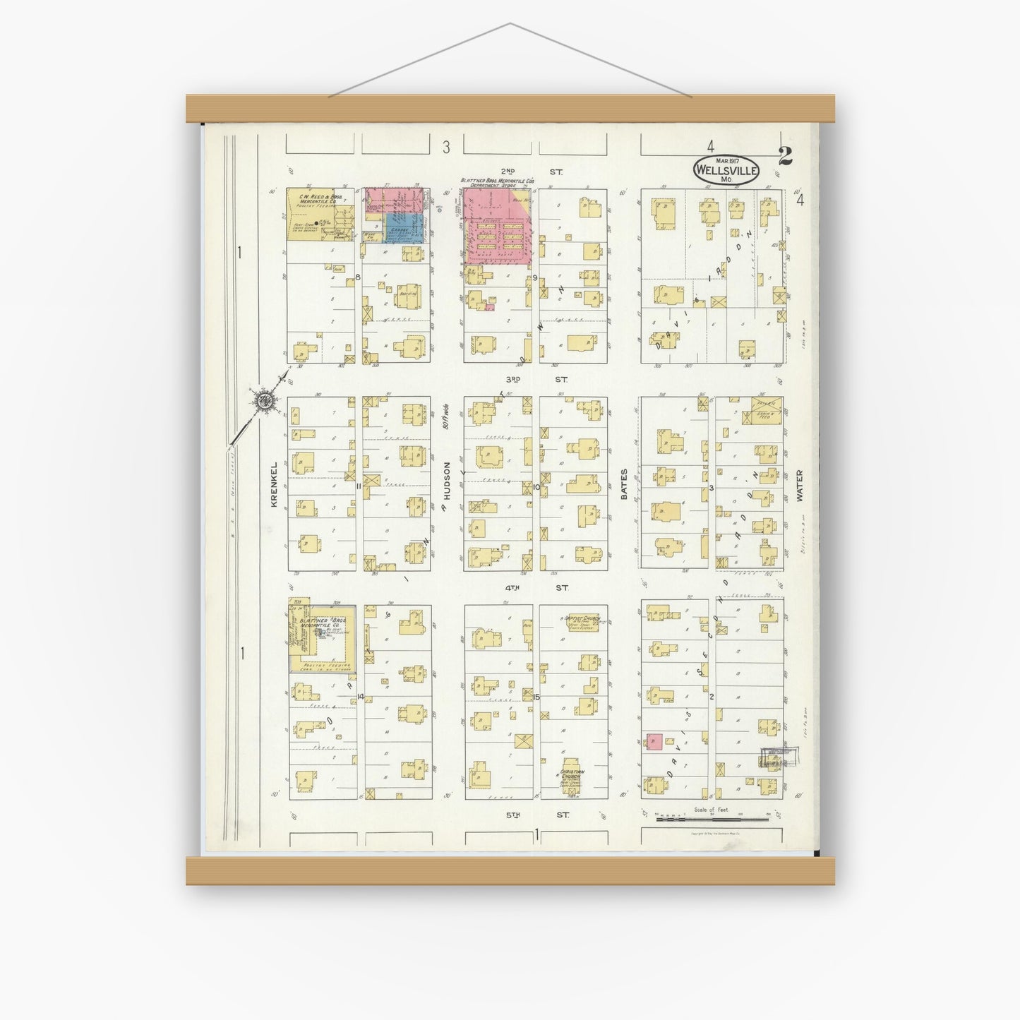 Old map wall art mockup — magnetic wood frame on white wall — Sanborn Fire Insurance Map from Wellsville, Montgomery County, Missouri (1917), Sheet #0002