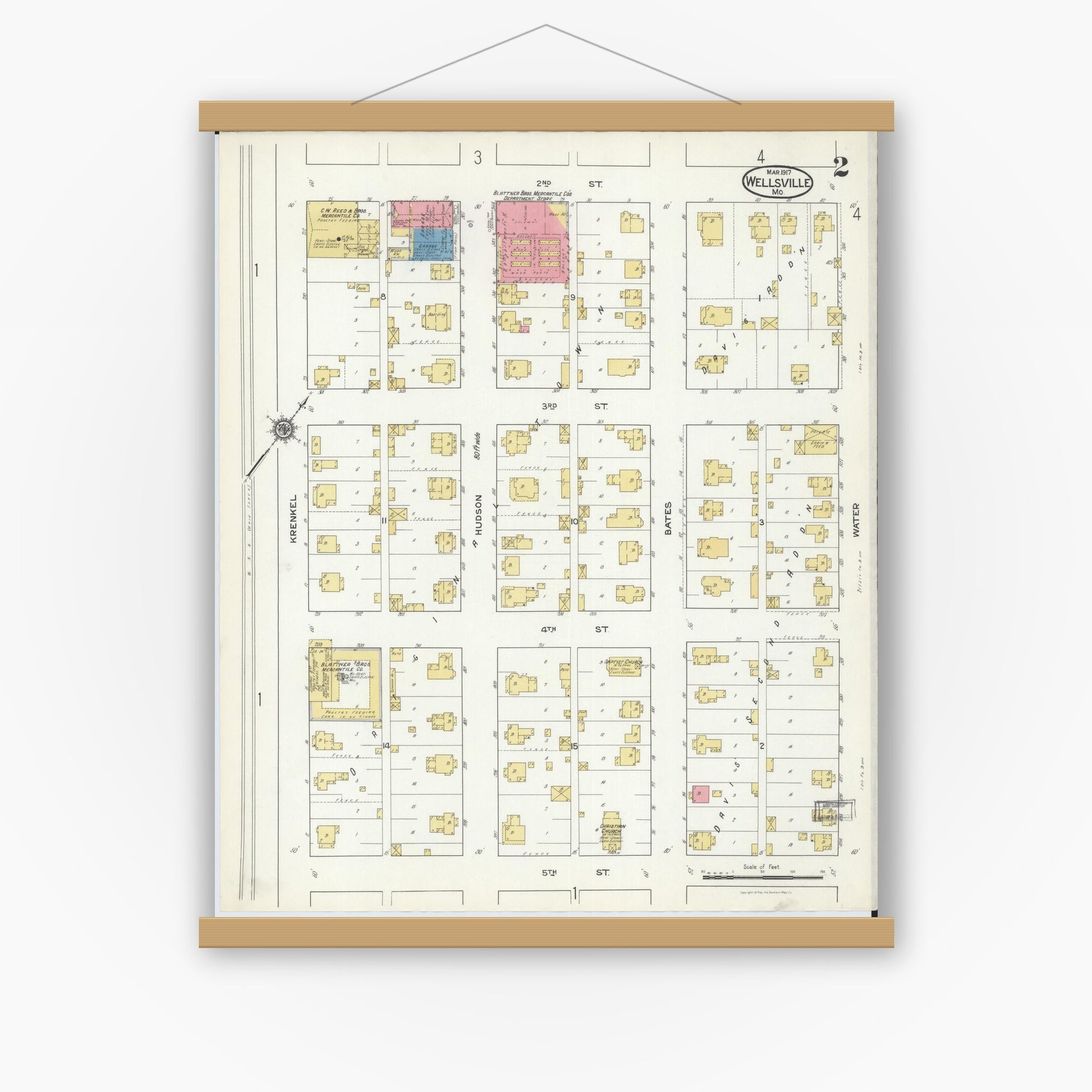 Old map wall art mockup — magnetic wood frame on white wall — Sanborn Fire Insurance Map from Wellsville, Montgomery County, Missouri (1917), Sheet #0002