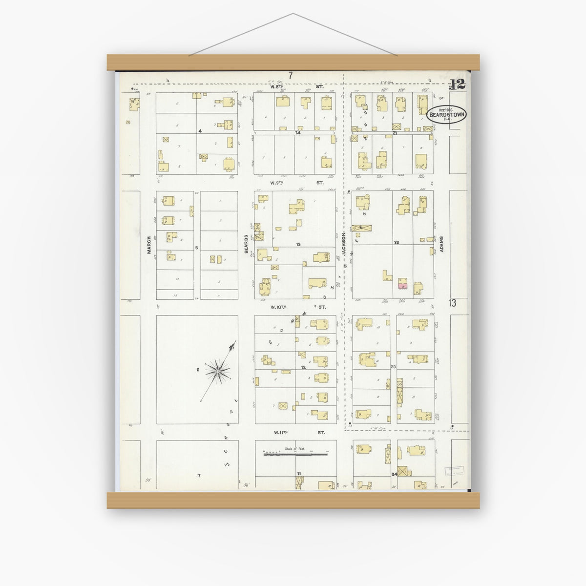 Old map wall art mockup — magnetic wood frame on white wall — Sanborn Fire Insurance Map from Beardstown, Cass County, Illinois (1906), Sheet #0012