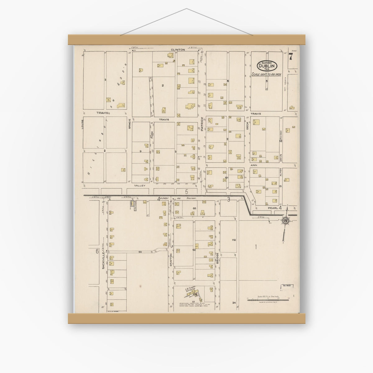 Old map wall art mockup — magnetic wood frame on white wall — Sanborn Fire Insurance Map from Dublin, Erath County, Texas (1921), Sheet #0007