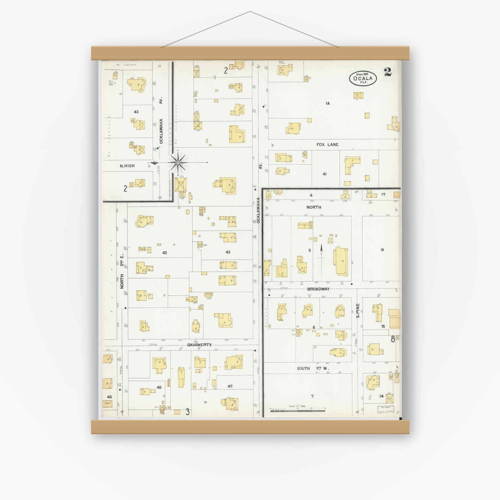 Old map wall art mockup — magnetic wood frame on white wall — Sanborn Fire Insurance Map from Ocala, Marion County, Florida (1901), Sheet #0002