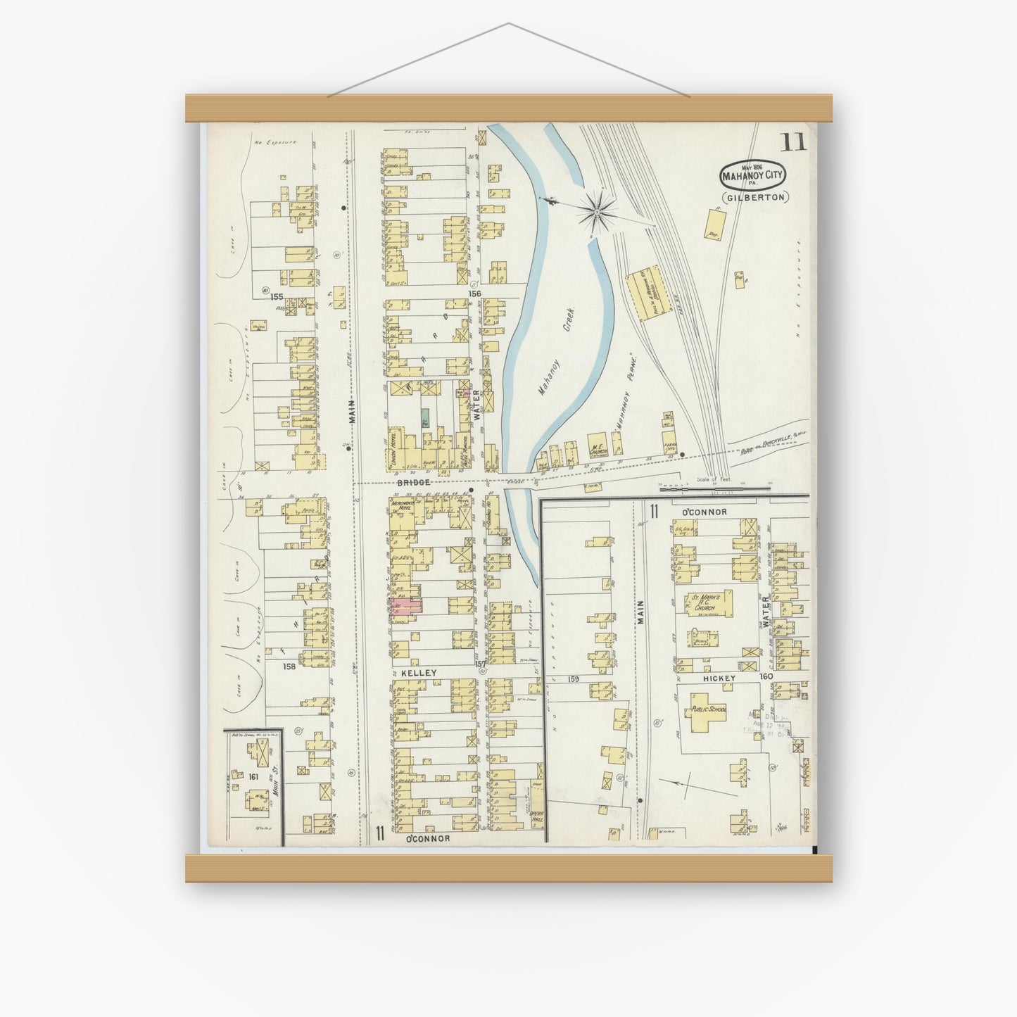 Old map wall art mockup — magnetic wood frame on white wall — Sanborn Fire Insurance Map from Mahanoy City, Schuylkill County, Pennsylvania (1896), Sheet #0011