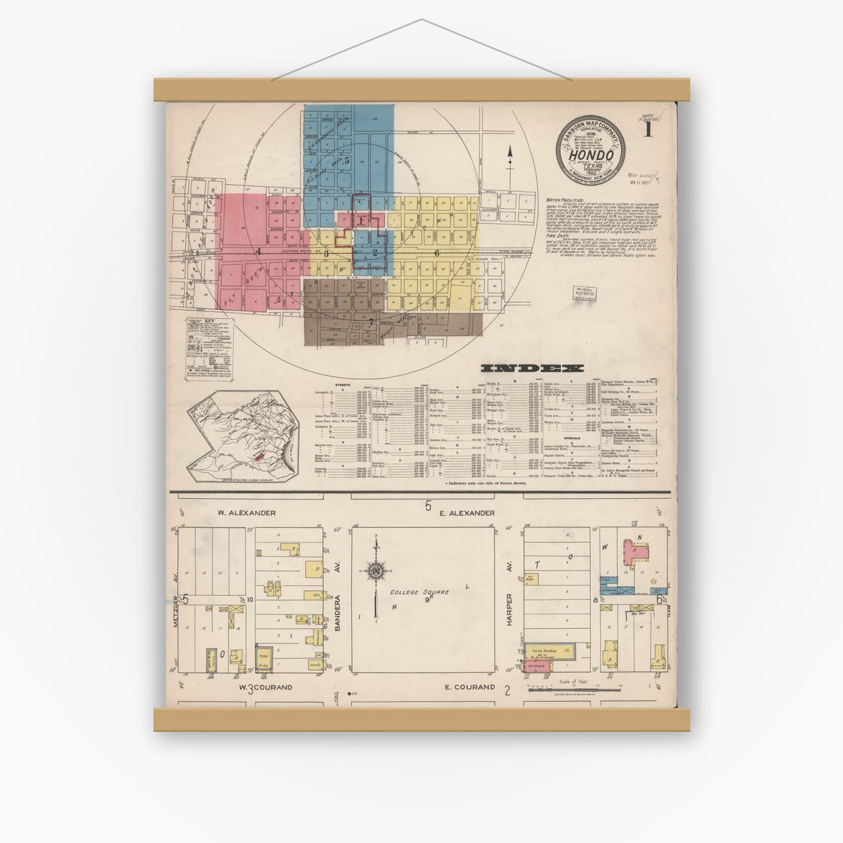 Old map wall art mockup — magnetic wood frame on white wall — Sanborn Fire Insurance Map from Hondo, Medina County, Texas (1922) - Complete Map Set