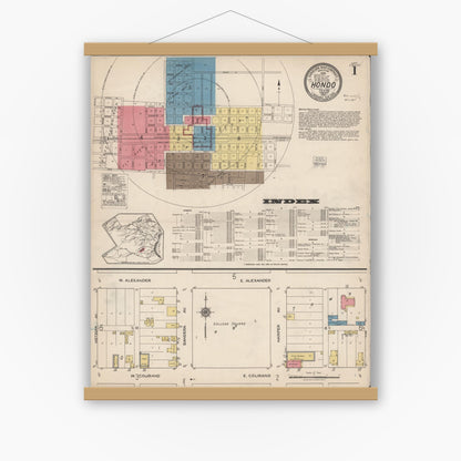 Old map wall art mockup — magnetic wood frame on white wall — Sanborn Fire Insurance Map from Hondo, Medina County, Texas (1922) - Complete Map Set