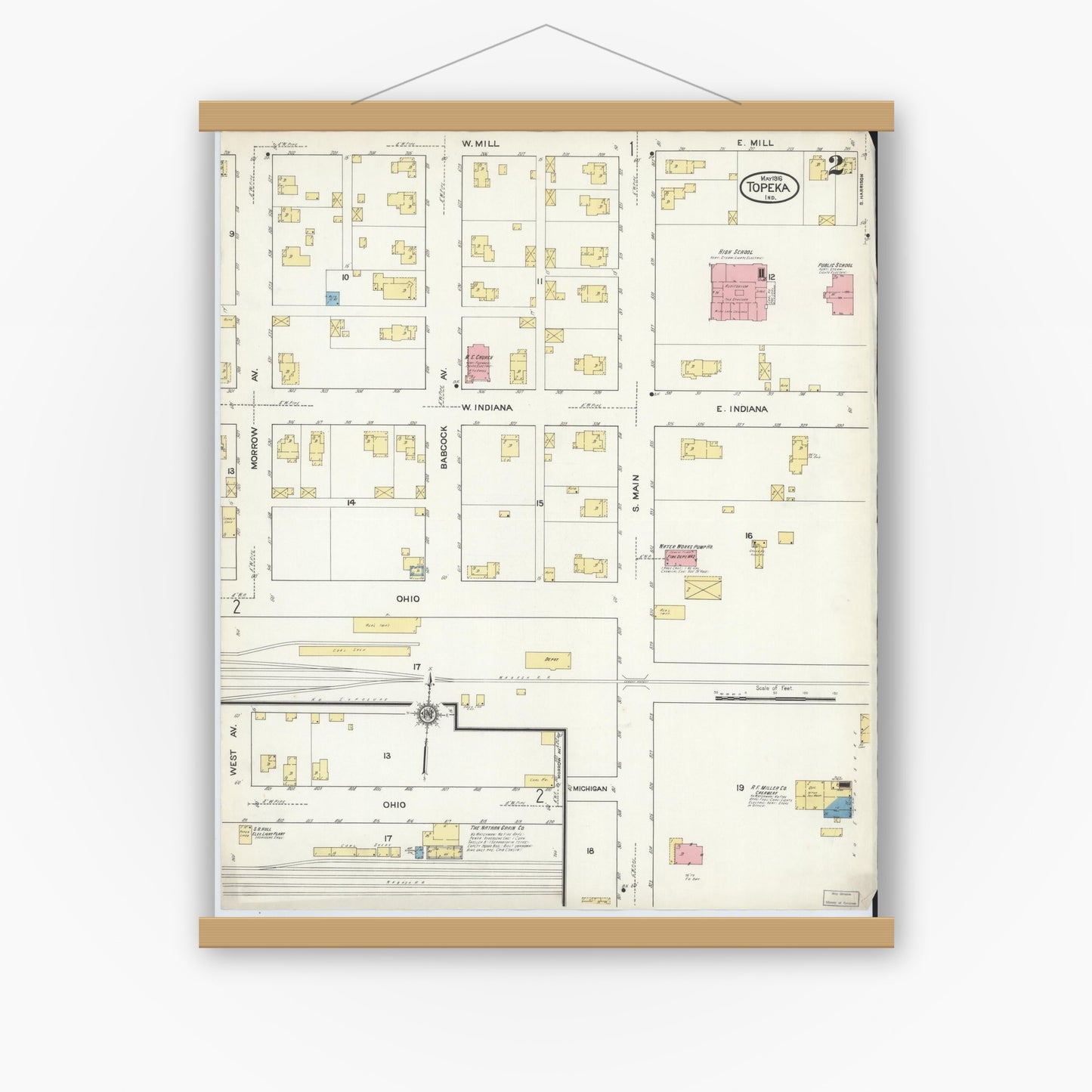 Old map wall art mockup — magnetic wood frame on white wall — Sanborn Fire Insurance Map from Topeka, LaGrange County, Indiana (1916), Sheet #0002