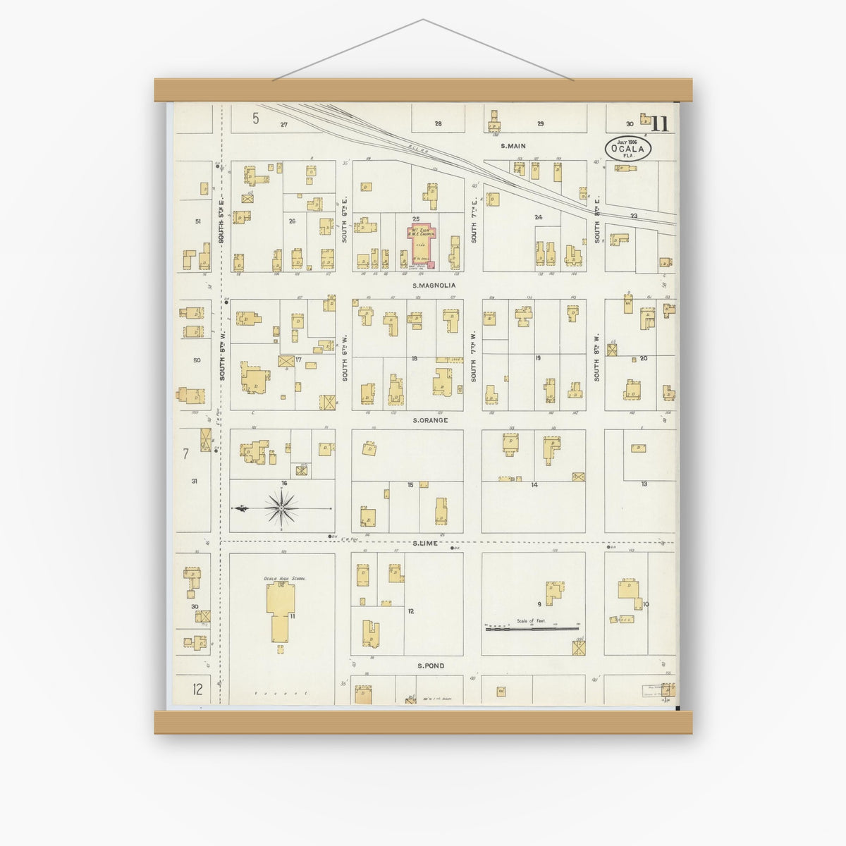 Old map wall art mockup — magnetic wood frame on white wall — Sanborn Fire Insurance Map from Ocala, Marion County, Florida (1906), Sheet #0011