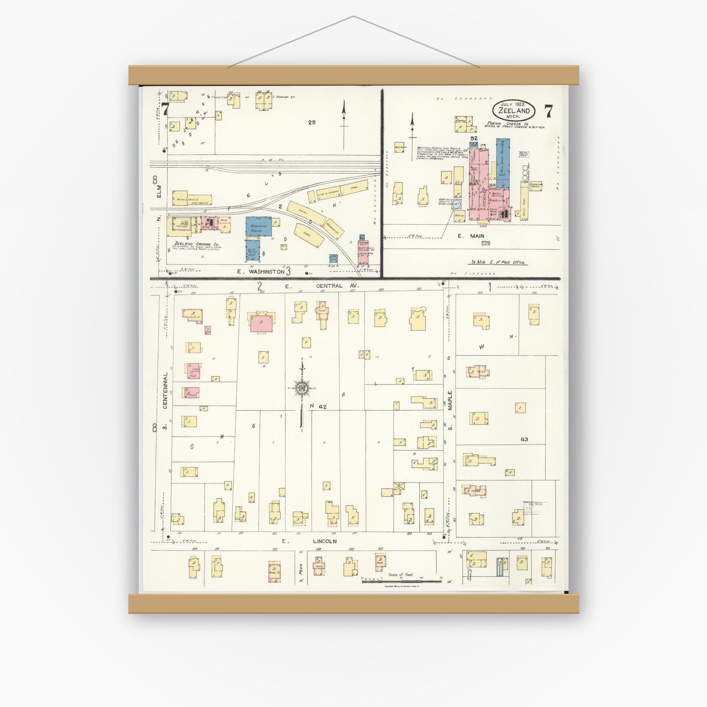 Old map wall art mockup — magnetic wood frame on white wall — Sanborn Fire Insurance Map from Zeeland, Ottawa County, Michigan (1923), Sheet #0007