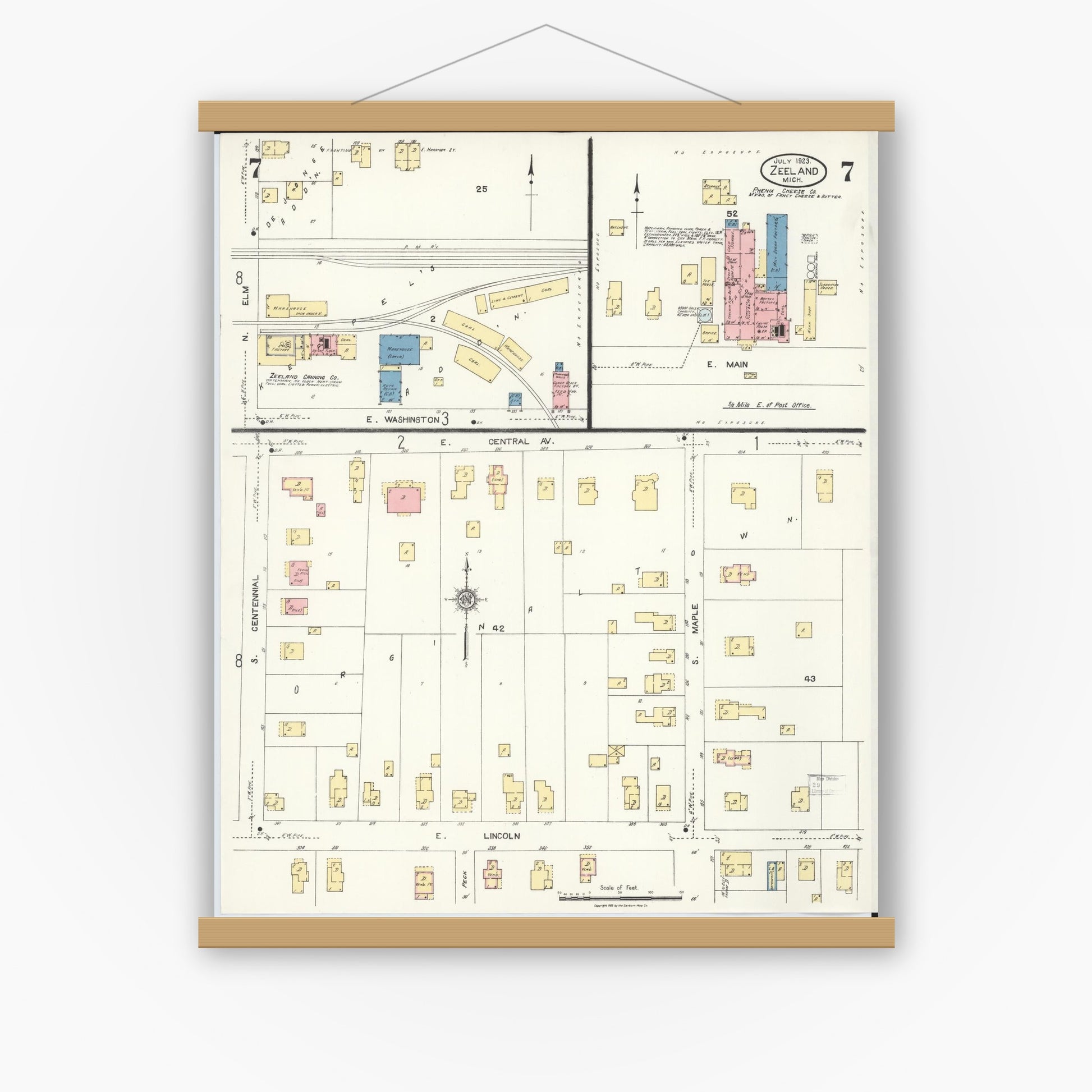 Old map wall art mockup — magnetic wood frame on white wall — Sanborn Fire Insurance Map from Zeeland, Ottawa County, Michigan (1923), Sheet #0007