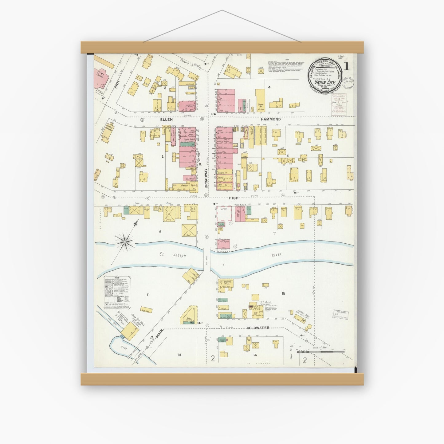 Old map wall art mockup — magnetic wood frame on white wall — Sanborn Fire Insurance Map from Union City, Branch And Calhoun Counties, Michigan (1899) - Complete Map Set