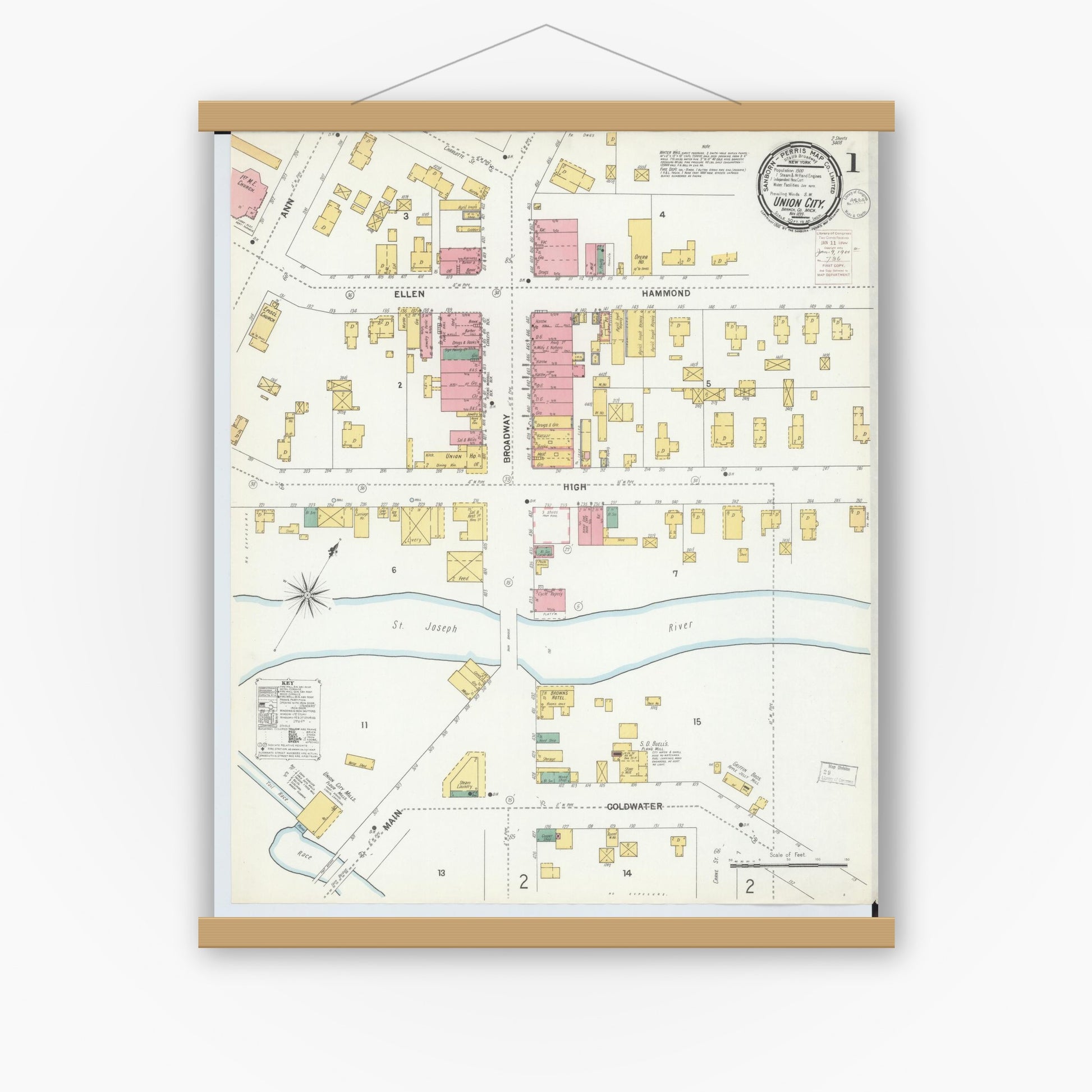 Old map wall art mockup — magnetic wood frame on white wall — Sanborn Fire Insurance Map from Union City, Branch And Calhoun Counties, Michigan (1899) - Complete Map Set