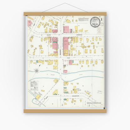 Old map wall art mockup — magnetic wood frame on white wall — Sanborn Fire Insurance Map from Union City, Branch And Calhoun Counties, Michigan (1899) - Complete Map Set