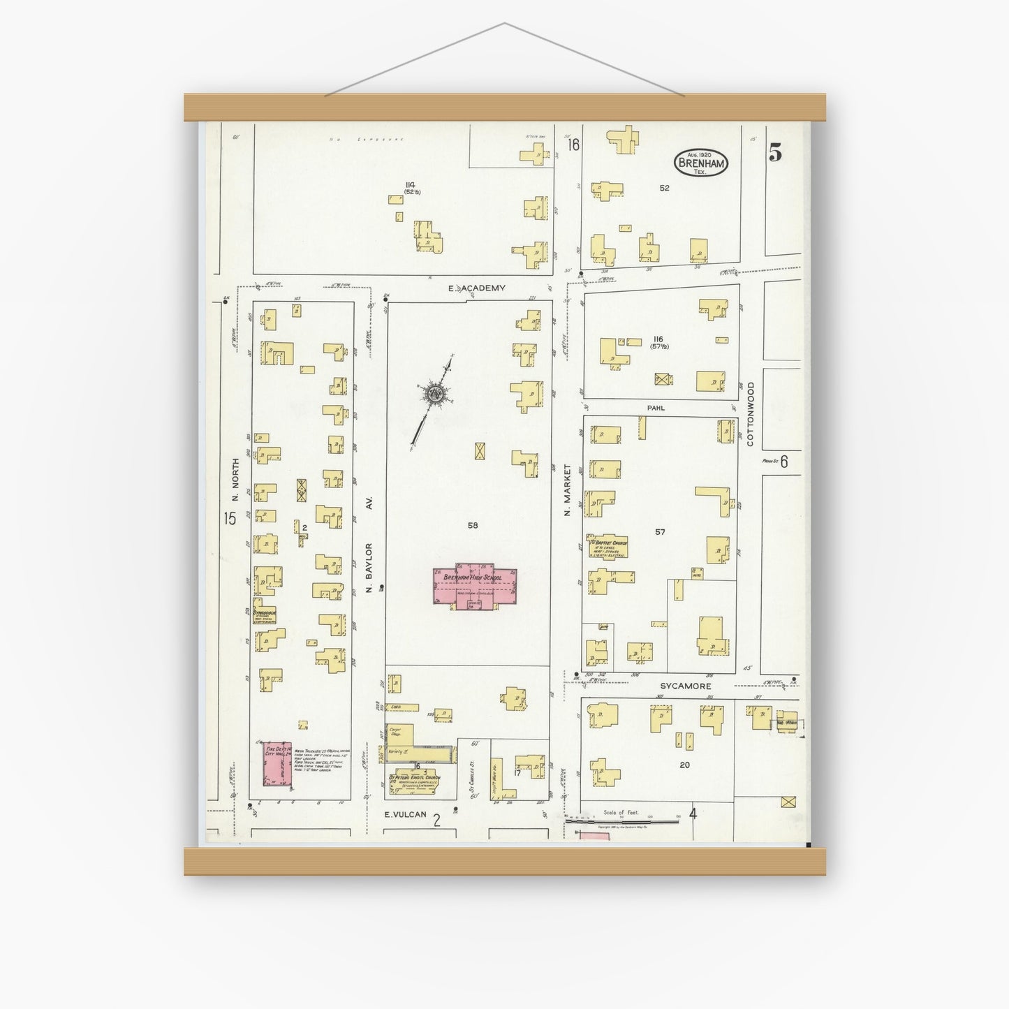 Old map wall art mockup — magnetic wood frame on white wall — Sanborn Fire Insurance Map from Brenham, Washington County, Texas (1920), Sheet #0005