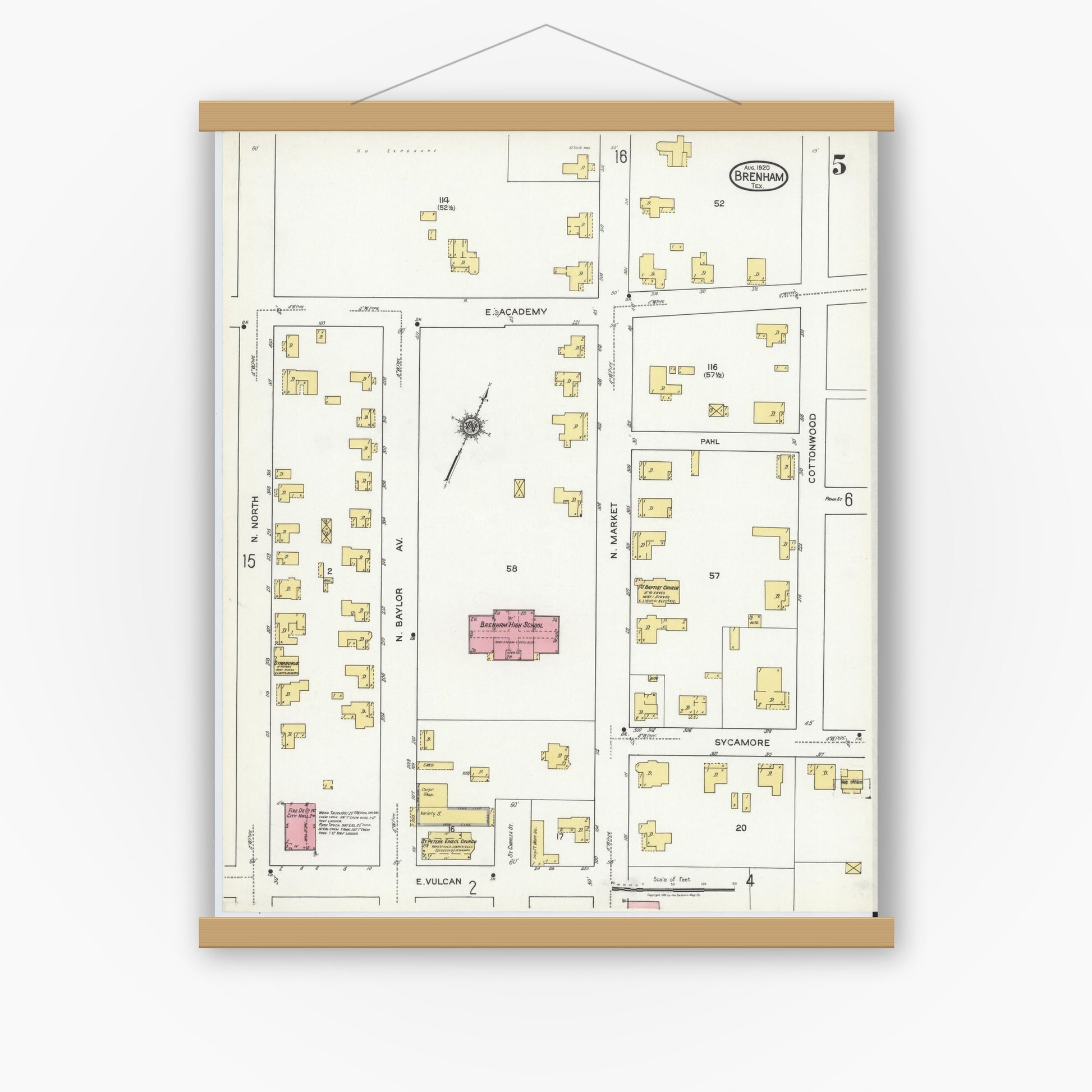 Old map wall art mockup — magnetic wood frame on white wall — Sanborn Fire Insurance Map from Brenham, Washington County, Texas (1920), Sheet #0005