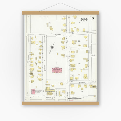 Old map wall art mockup — magnetic wood frame on white wall — Sanborn Fire Insurance Map from Brenham, Washington County, Texas (1920), Sheet #0005
