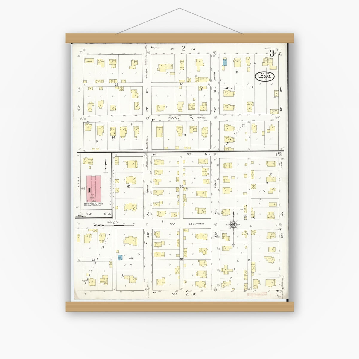 Old map wall art mockup — magnetic wood frame on white wall — Sanborn Fire Insurance Map from Logan, Harrison County, Iowa (1913), Sheet #0003
