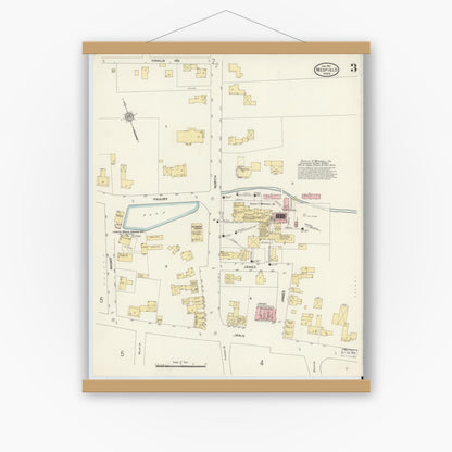 Old map wall art mockup — magnetic wood frame on white wall — Sanborn Fire Insurance Map from Medfield, Norfolk County, Massachusetts (1911), Sheet #0003