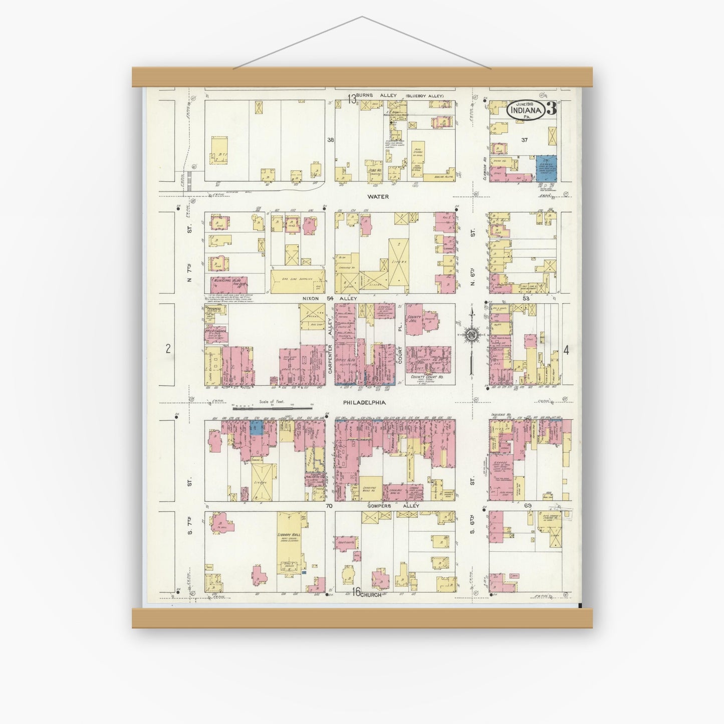 Old map wall art mockup — magnetic wood frame on white wall — Sanborn Fire Insurance Map from Indiana, Indiana County, Pennsylvania (1916), Sheet #0003
