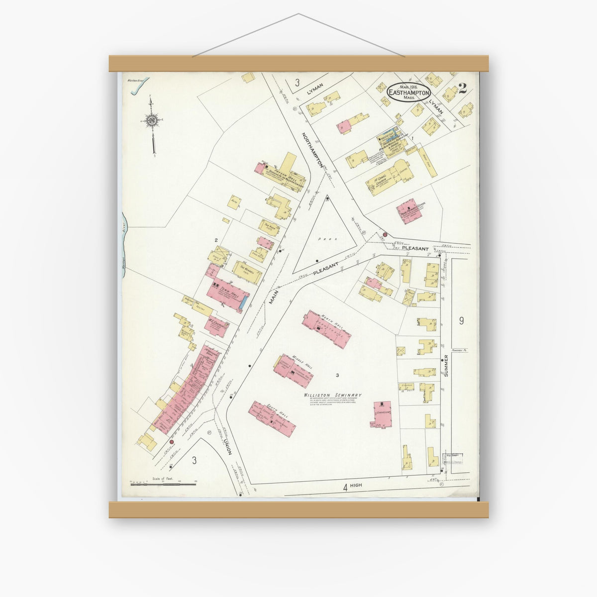 Old map wall art mockup — magnetic wood frame on white wall — Sanborn Fire Insurance Map from East Hampton, Hampshire County, Massachusetts (1916), Sheet #0002