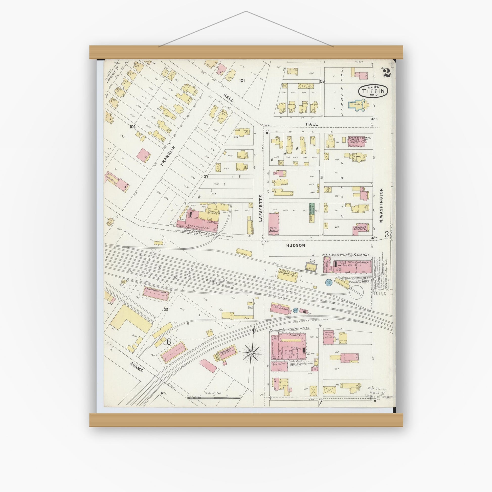 Old map wall art mockup — magnetic wood frame on white wall — Sanborn Fire Insurance Map from Tiffin, Seneca County, Ohio (1896), Sheet #0002