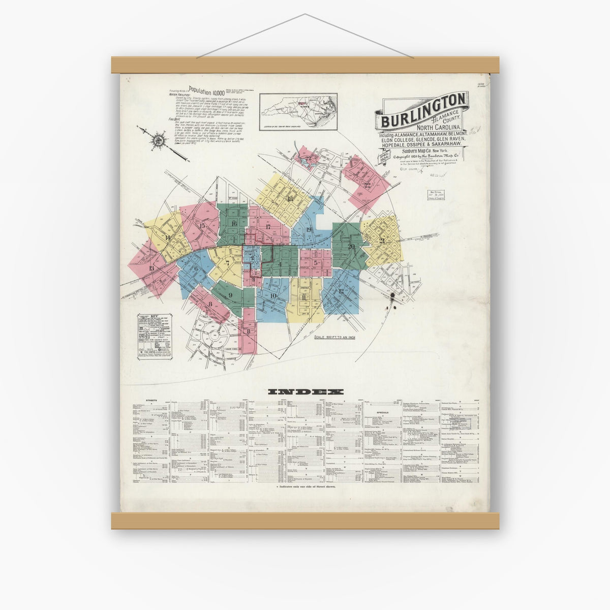 Old map wall art mockup — magnetic wood frame on white wall — Sanborn Fire Insurance Map from Burlington, Alamance County, North Carolina (1924) - Complete Map Set