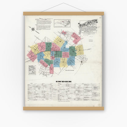 Old map wall art mockup — magnetic wood frame on white wall — Sanborn Fire Insurance Map from Burlington, Alamance County, North Carolina (1924) - Complete Map Set