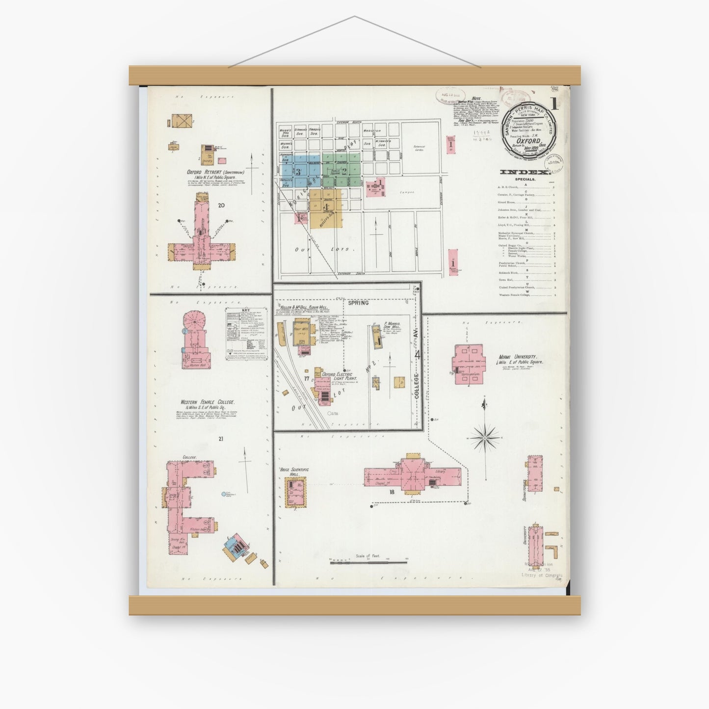 Old map wall art mockup — magnetic wood frame on white wall — Sanborn Fire Insurance Map from Oxford, Butler County, Ohio (1899), Sheet #0001
