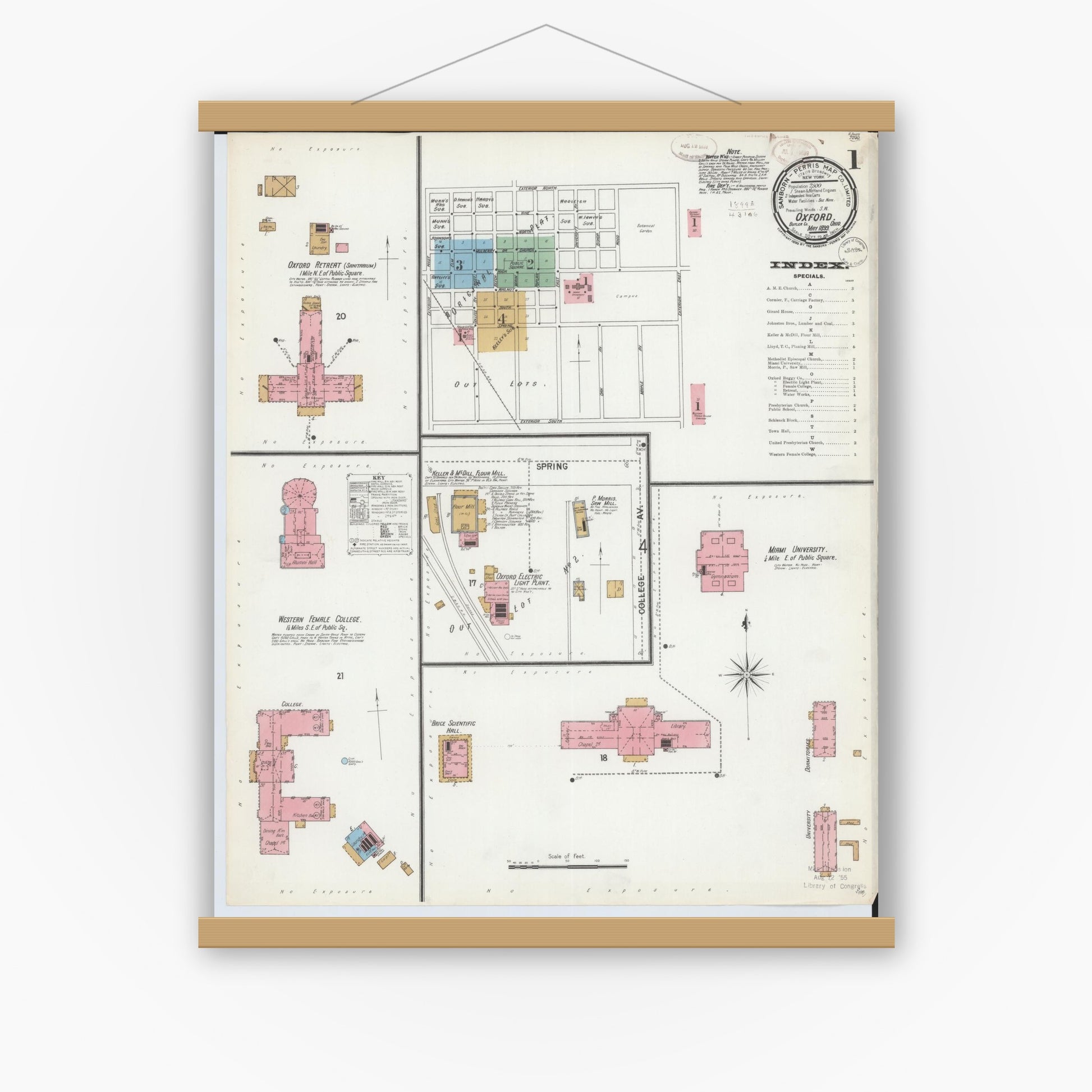Old map wall art mockup — magnetic wood frame on white wall — Sanborn Fire Insurance Map from Oxford, Butler County, Ohio (1899), Sheet #0001