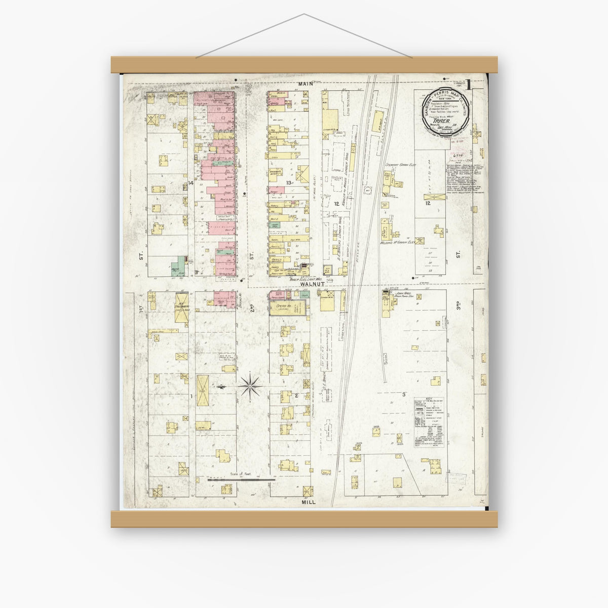 Old map wall art mockup — magnetic wood frame on white wall — Sanborn Fire Insurance Map from Traer, Tama County, Iowa (1895), Sheet #0001