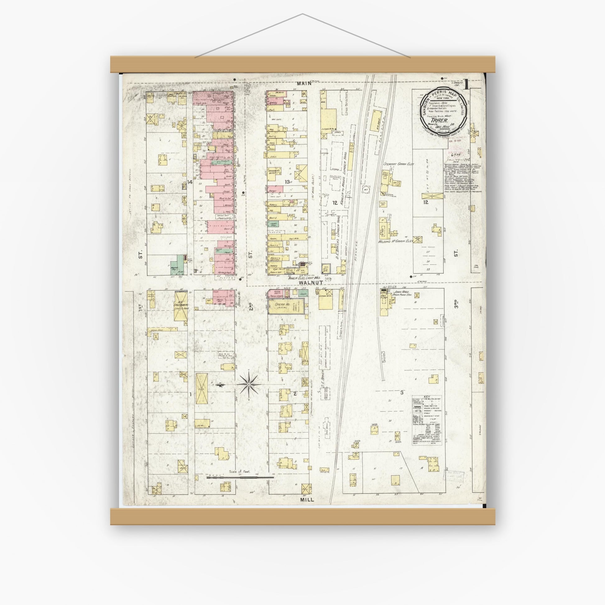 Old map wall art mockup — magnetic wood frame on white wall — Sanborn Fire Insurance Map from Traer, Tama County, Iowa (1895), Sheet #0001