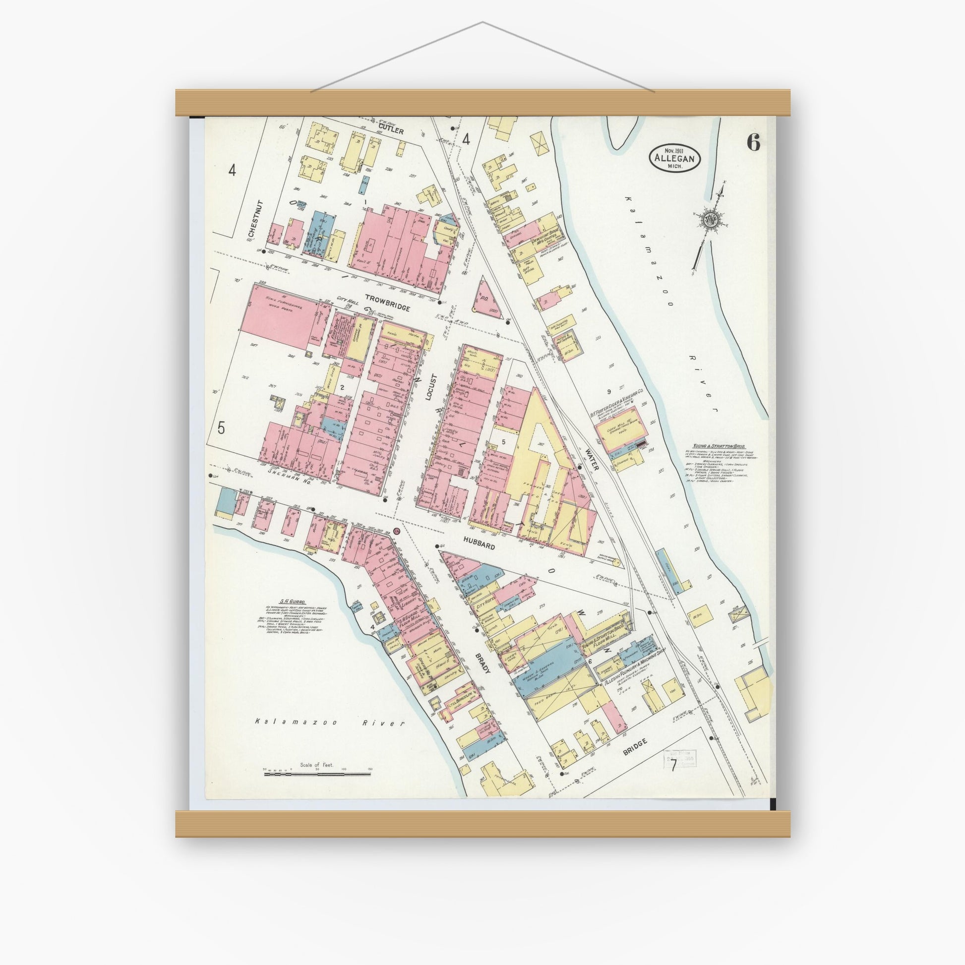 Old map wall art mockup — magnetic wood frame on white wall — Sanborn Fire Insurance Map from Allegan, Allegan County, Michigan (1911), Sheet #0006