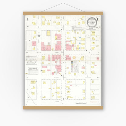 Old map wall art mockup — magnetic wood frame on white wall — Sanborn Fire Insurance Map from Redfield, Dallas County, Iowa (1933), Sheet #0001
