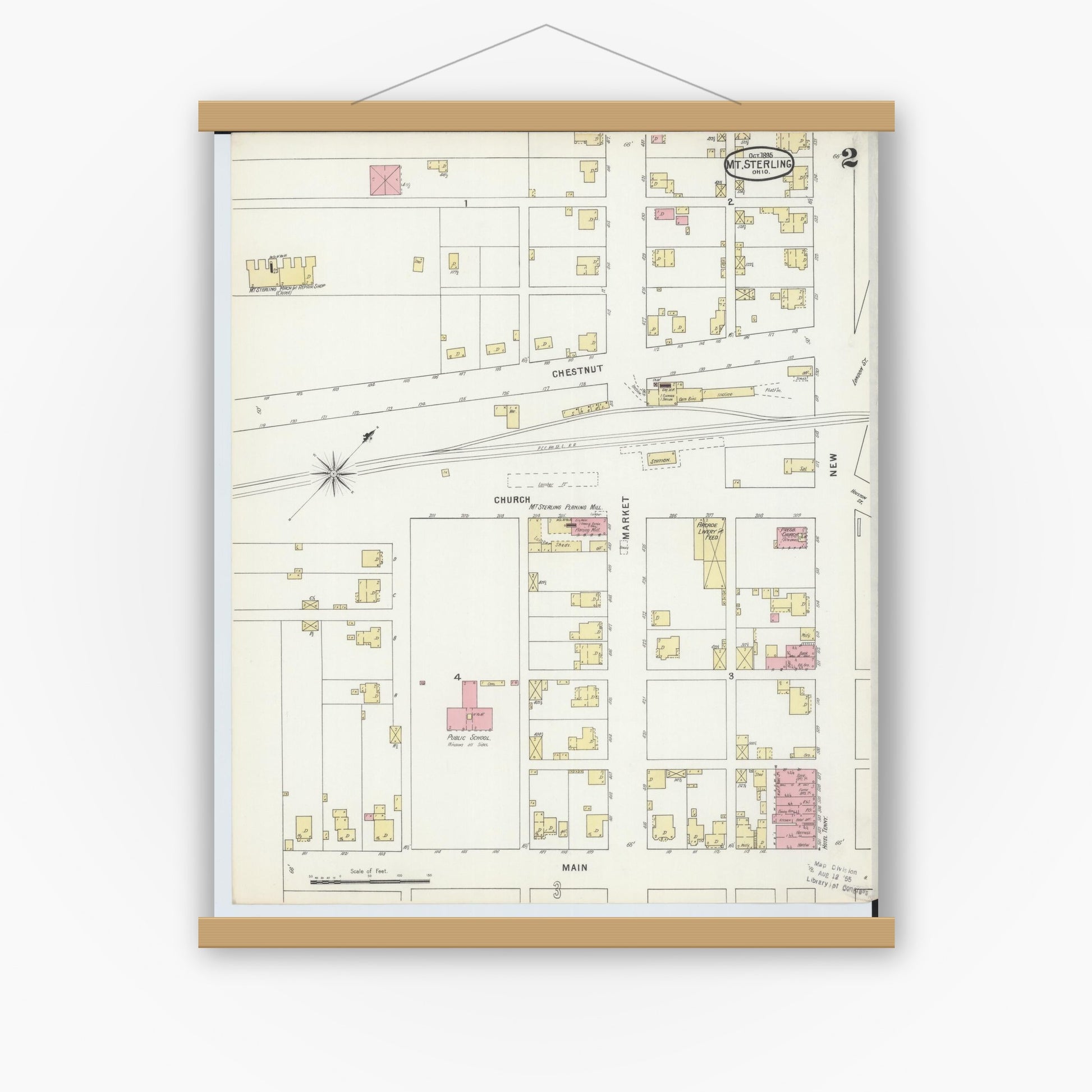 Old map wall art mockup — magnetic wood frame on white wall — Sanborn Fire Insurance Map from Mount Sterling, Madison County, Ohio (1895), Sheet #0002