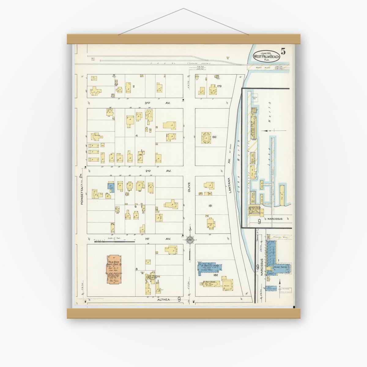 Old map wall art mockup — magnetic wood frame on white wall — Sanborn Fire Insurance Map from West Palm Beach, Dade County, Florida (1915), Sheet #0005