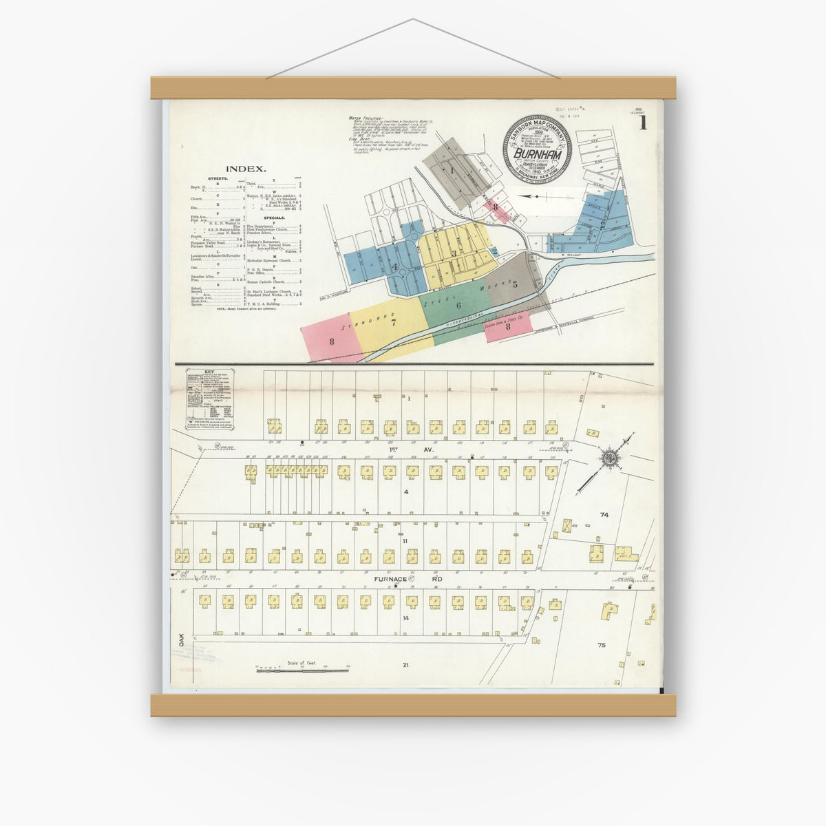 Old map wall art mockup — magnetic wood frame on white wall — Sanborn Fire Insurance Map from Burnham, Mifflin County, Pennsylvania (1910), Sheet #0001