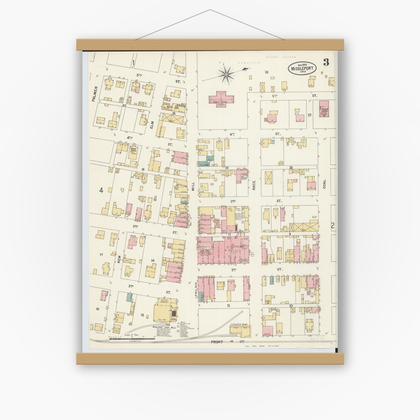 Old map wall art mockup — magnetic wood frame on white wall — Sanborn Fire Insurance Map from Middleport, Meigs County, Ohio (1899), Sheet #0003