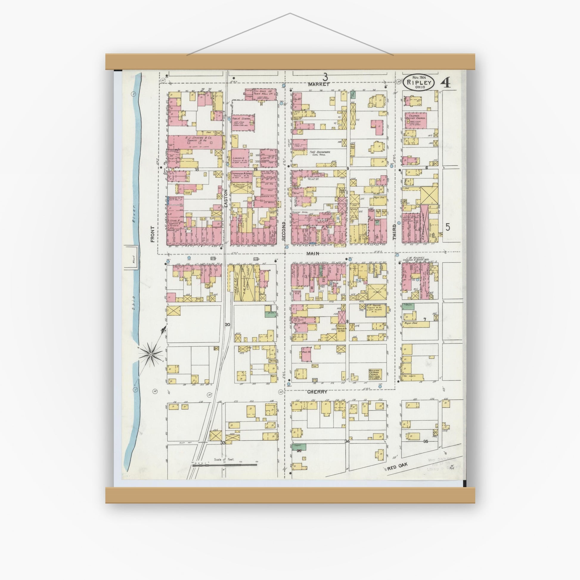 Old map wall art mockup — magnetic wood frame on white wall — Sanborn Fire Insurance Map from Ripley, Brown County, Ohio (1904), Sheet #0004