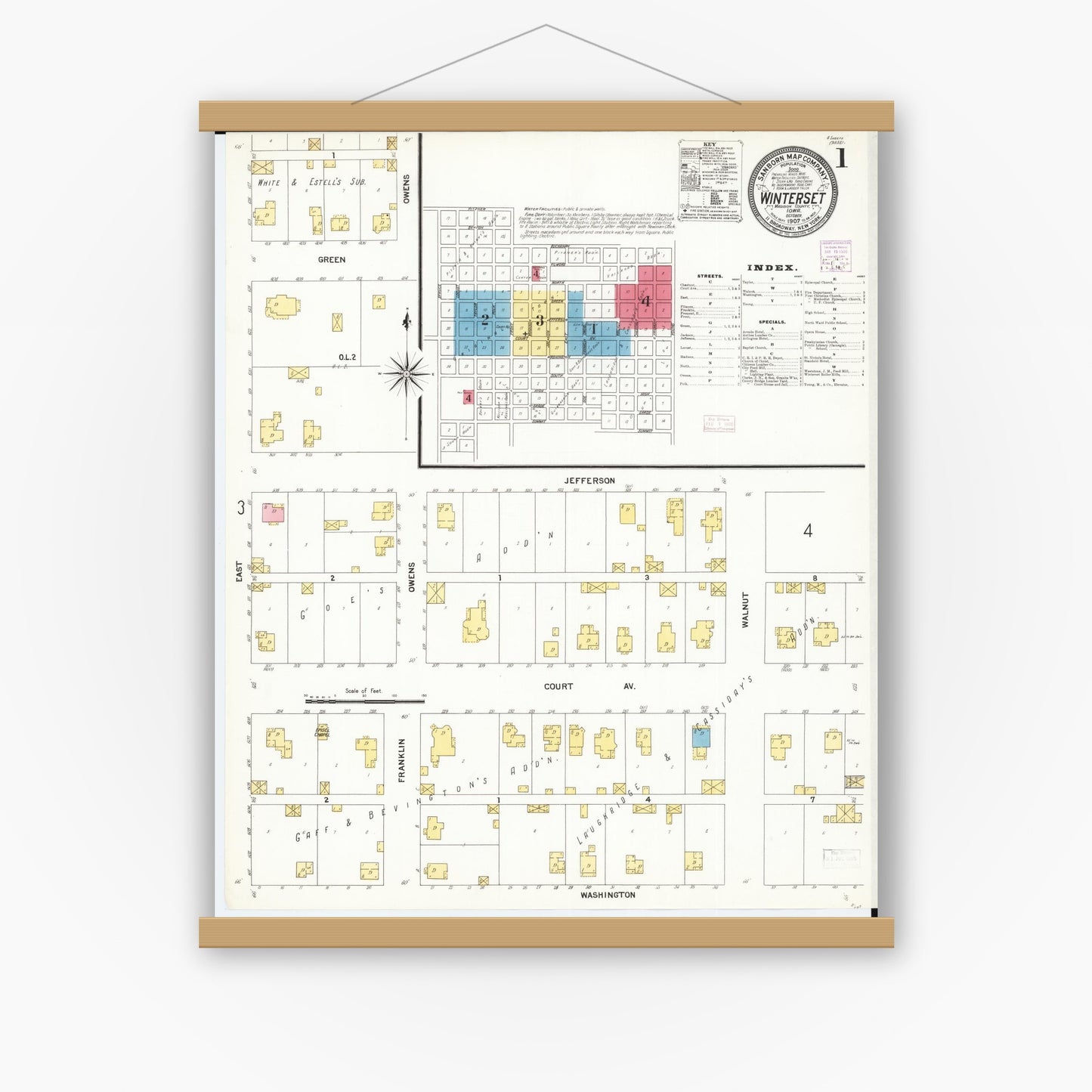 Old map wall art mockup — magnetic wood frame on white wall — Sanborn Fire Insurance Map from Winterset, Madison County, Iowa (1907), Sheet #0001
