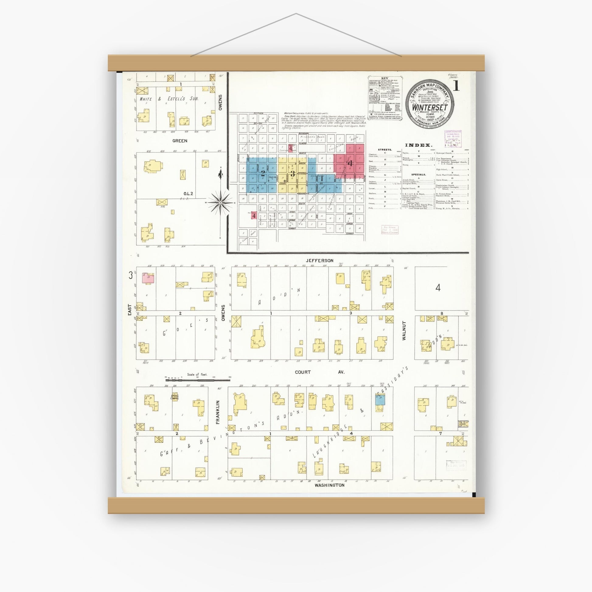 Old map wall art mockup — magnetic wood frame on white wall — Sanborn Fire Insurance Map from Winterset, Madison County, Iowa (1907), Sheet #0001