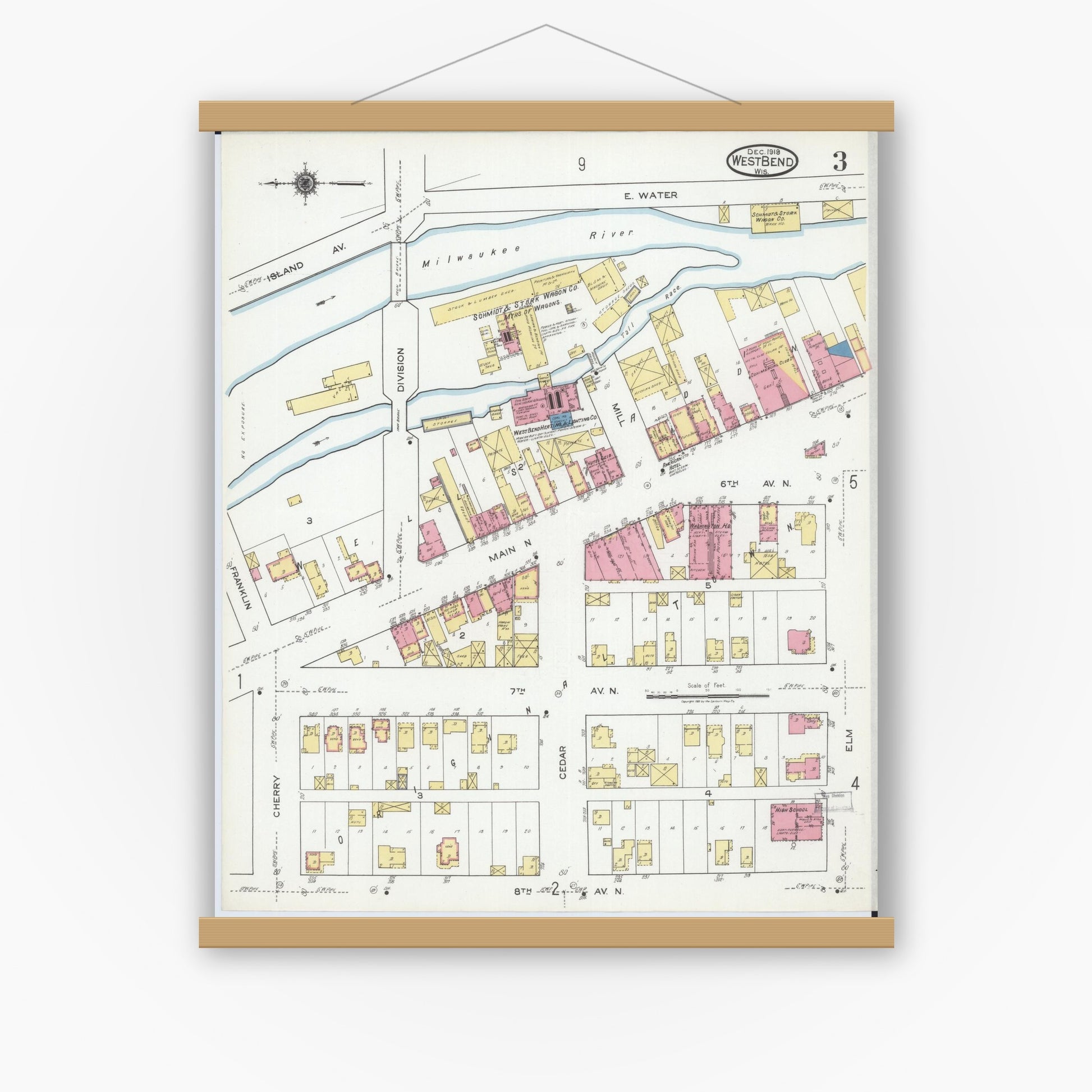 Old map wall art mockup — magnetic wood frame on white wall — Sanborn Fire Insurance Map from West Bend, Washington County, Wisconsin (1919), Sheet #0003