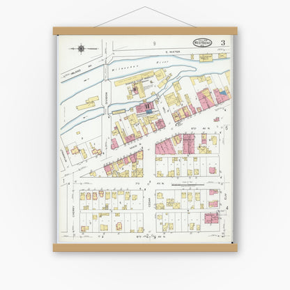 Old map wall art mockup — magnetic wood frame on white wall — Sanborn Fire Insurance Map from West Bend, Washington County, Wisconsin (1919), Sheet #0003