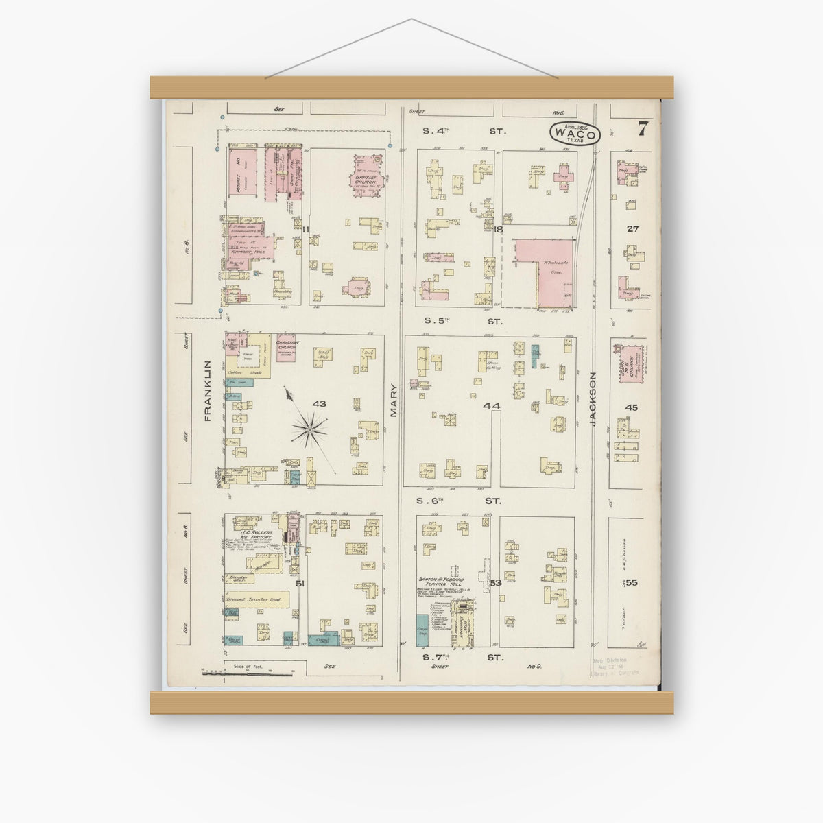 Old map wall art mockup — magnetic wood frame on white wall — Sanborn Fire Insurance Map from Waco, McLennan County, Texas (1885), Sheet #0007
