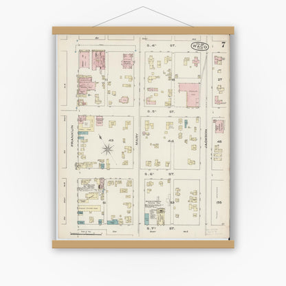 Old map wall art mockup — magnetic wood frame on white wall — Sanborn Fire Insurance Map from Waco, McLennan County, Texas (1885), Sheet #0007